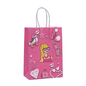 Bolsa de papel rosa Y2K con dibujos animados y asas blancas para regalos de fiesta