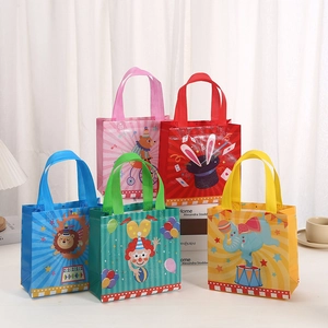 Set of five colorful non-woven gift bags with circus animal prints for kids parties