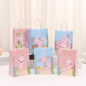 Bolsas de Regalo de Papel Kraft de Dibujos Animados de Ajolote Con Asas Patrón de Vida Marina para Fiesta de Cumpleaños Infantil Bolsas