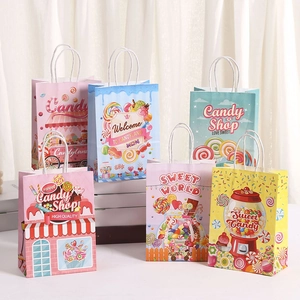 Cartoon Candy Theme Kraft Paper Gift Bag With Handle Macaron Color Lollipop Printed Treat Bag For Birthday Party Favor