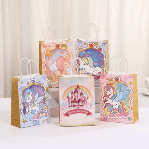 Bolsas de Regalo de Papel Kraft de Unicornio Con Lado de Brillo Dorado Impreso de Dibujos Animados Regalos de Fiesta Cumpleaños Bolsas de Mano Para Niños