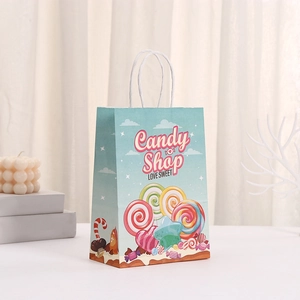 Light blue candy shop themed kraft paper gift bag with colorful lollipop illustrations