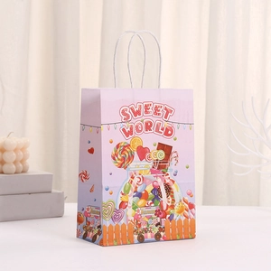 Pink Candy World themed kraft paper gift bag with white rope handles and sweet illustrations