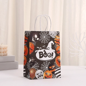Halloween paper gift bag with 'Boo!' print, pumpkin motifs and twisted handles