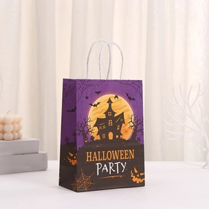 Purple Halloween party gift bag with spooky castle and bats print on kraft paper