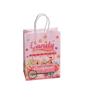 Pink Candy Party kraft paper gift bag with white twist rope handles and sweet candy prints