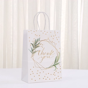 White thank you gift bag with gold foil geometric border and green botanical leaves