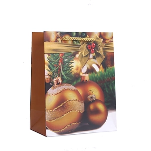 Christmas gift bag with gold festive balls and trees pattern on premium white cardboard