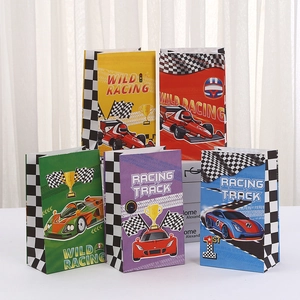 Bolsas de Regalo de Papel Kraft con Temática de Coches de Carreras para Fiestas de Cumpleaños Infantiles con Impresión Wild Racing Track