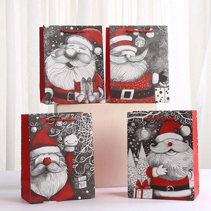 Christmas Santa Claus Print Paper Gift Bags With Handles Retro Festive Illustration Handheld Packaging Bags For Party Gifts