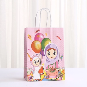 Pink Eid Mubarak paper gift bag with cartoon mother daughter print and white handles