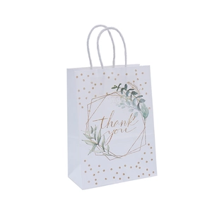White paper gift bag with green leaf pattern and golden Thank You text and rope handles