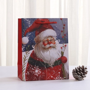Christmas Santa Claus gift paper bag with red handles and pine cone festive decoration