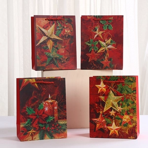 Christmas Red Cardstock Gift Bags With Handle Festive Star Candle Prints Holiday Party Favor Storage Packaging Bags