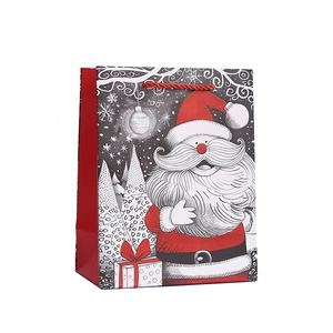 Christmas paper gift bag featuring vintage Santa Claus illustration and red woven handles