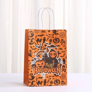 Orange Halloween kraft paper gift bag with handles and Happy Halloween festive prints