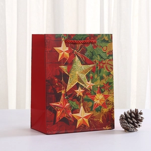 Red Christmas paper gift bag with star pattern, ribbon bow, and red woven handles