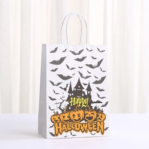 White Halloween gift bag with spooky castle, bats, pumpkins, and Happy Halloween text