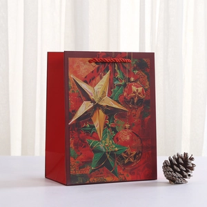 Red Christmas paper gift bag with gold star prints and festive holiday illustrations