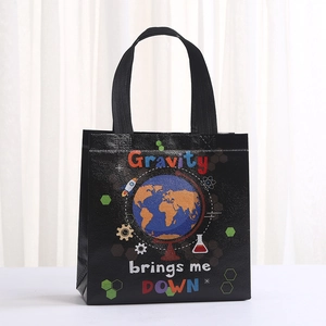 Waterproof non-woven black shopping tote with science theme print and sturdy handles
