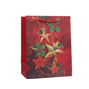 Red Christmas paper gift bag with festive gold star patterns and woven rope handles