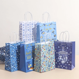 Hanukkah Kraft Paper Gift Bags With Handles Menorah Star Of David Dreidel Print Festival Party Favor Packaging Bags