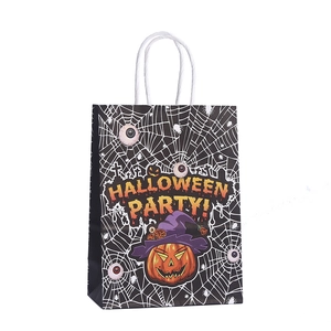 Halloween party paper gift bag with pumpkin and spider web print on black background