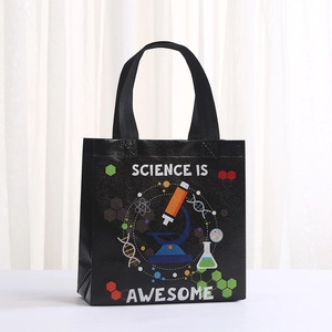 Black non-woven science theme gift bag with Science is Awesome print and sturdy handles