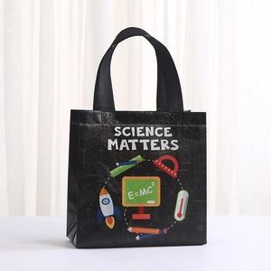 Black non-woven tote bag with Science Matters graphics and durable fabric handles