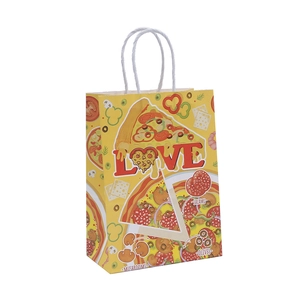 Bolsa de papel kraft amarilla con estampado de pizza y asas blancas para regalos