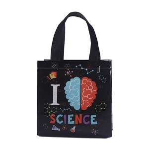 Waterproof non-woven black science tote bag with lab patterns and brain print