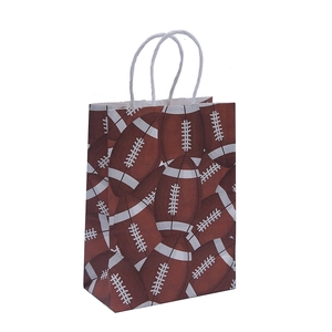 Rugby theme kraft paper gift bag with brown football prints and sturdy white rope handles