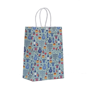 Hanukkah kraft paper gift bag with menorah print and white twisted rope handle for party