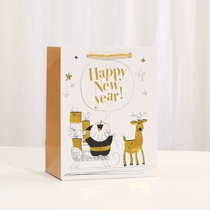 Christmas gift bag with Happy New Year text, Santa Claus illustration and golden handles
