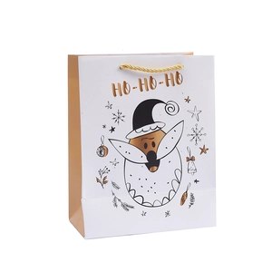 White Christmas gift bag with Santa Claus, gold foil stamping and braided handles
