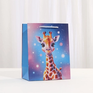 Cartoon giraffe gift paper bag with blue starry gradient and white rope handles