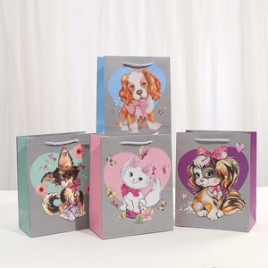 Cartoon Pet Gift Paper Bags With Handles White Cardboard Cute Cat Dog Printed Tote Bags For Birthday Wedding Party Shopping Favor Packaging