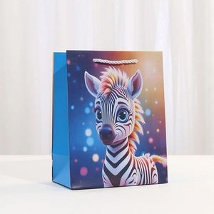 Vertical white paper gift bag with colorful 3D zebra pattern and white braided handles