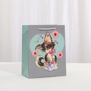 Cute puppy printed white paper gift bag with silver braided handles for kids parties