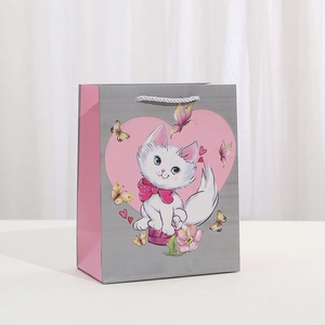 Detail of cartoon white cat print on a premium gray and pink paper gift bag with rope handles