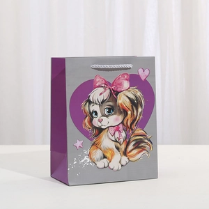 Cartoon puppy print shopping gift bag with purple bow and white nylon handles