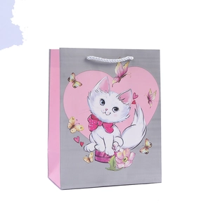 Cute gray and pink paper gift bag featuring a white cat illustration and woven rope handles