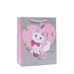 Cartoon cat shopping bag with pink bow and floral print, white rope handle gift packaging