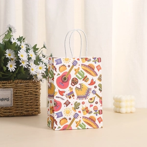 Cartoon Mexican fiesta themed gift paper bag with festive patterns and white rope handles