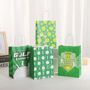 Green Sport Theme Kraft Paper Gift Bags With Handles Golf Tennis Printed Cartoon Handheld Favor Bags For Birthday Party Events