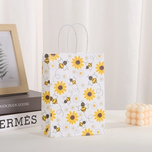 Geschenktüte aus Kraftpapier mit Cartoon-Biene und Sonnenblume für Geburtstagsfeiern