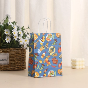 Blue Mexican theme paper gift bag with colorful taco and sombrero party patterns