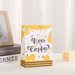 Kraftpapier-Geschenktüte mit Bee Happy-Aufdruck und gelben Streifen für Geburtstage