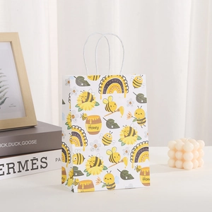 Kraftpapier-Geschenktüte mit Zeichentrick-Biene und Honigtopf-Muster mit Kordel