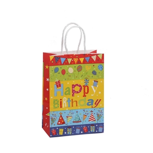 Sac cadeau coloré en papier kraft Happy Birthday avec poignées et motifs festifs variés